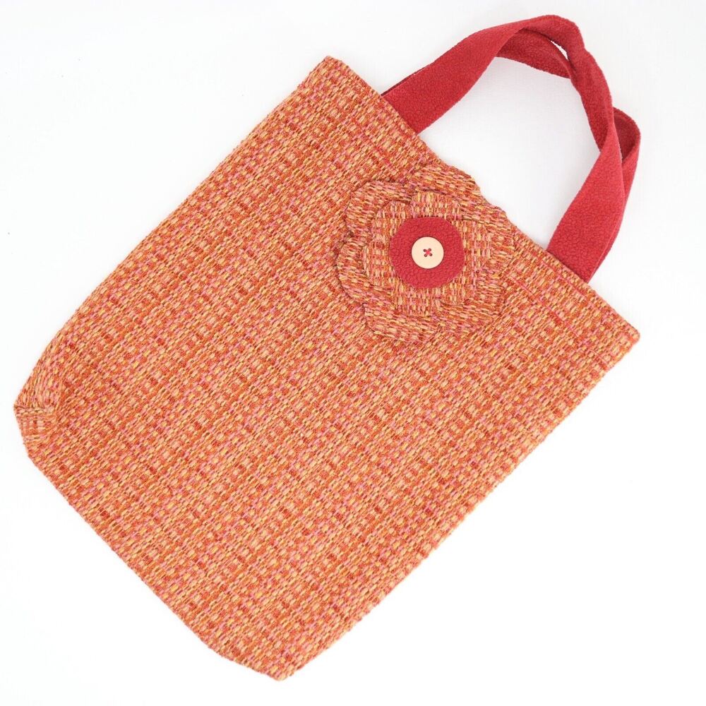 Pumpkin Knit Tote Handbag Women Small Cotton Blend Flower Button Purse Bag